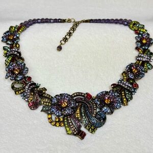 LA VINTAGE VIBRANT MULTICOLORED CRYSTAL ANTIQUE BIB NECKLACE